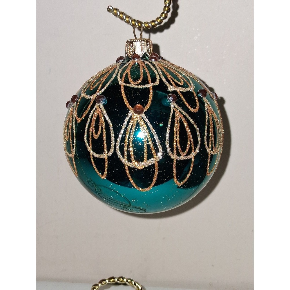 Dagmara Poland Teal Glass Christmas Ornament Glitter Jeweled 3.5"